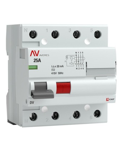 DV 4P 25А/ 30мА (AC)  AVERES (rccb-4-25-30-ac-av). Выключатели дифференциального тока (УЗО). EKF в Ессентуках