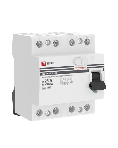 УЗО ВД-100 4P 25А 30мА тип AC эл-мех  PROxima (elcb-4-25-30-em-pro). Выключатель дифференциального тока (УЗО). EKF в Ессентуках