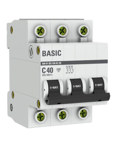 Автоматический выключатель 3P 40А (C) 4,5кА ВА 47-29 Basic (mcb4729-3-40C). Автоматический выключатель. EKF в Ессентуках