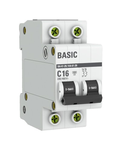 Автоматический выключатель 2P 16А (C) 4,5кА ВА 47-29 Basic (mcb4729-2-16C). Автоматический выключатель. EKF в Ессентуках