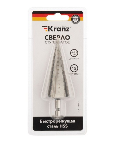 Сверло по металлу ступенчатое 4,0-32,0 мм 102 mm 62 HRC Kranz (KR-12-6603): Сверло по металлу шлифованное в Ессентуках
